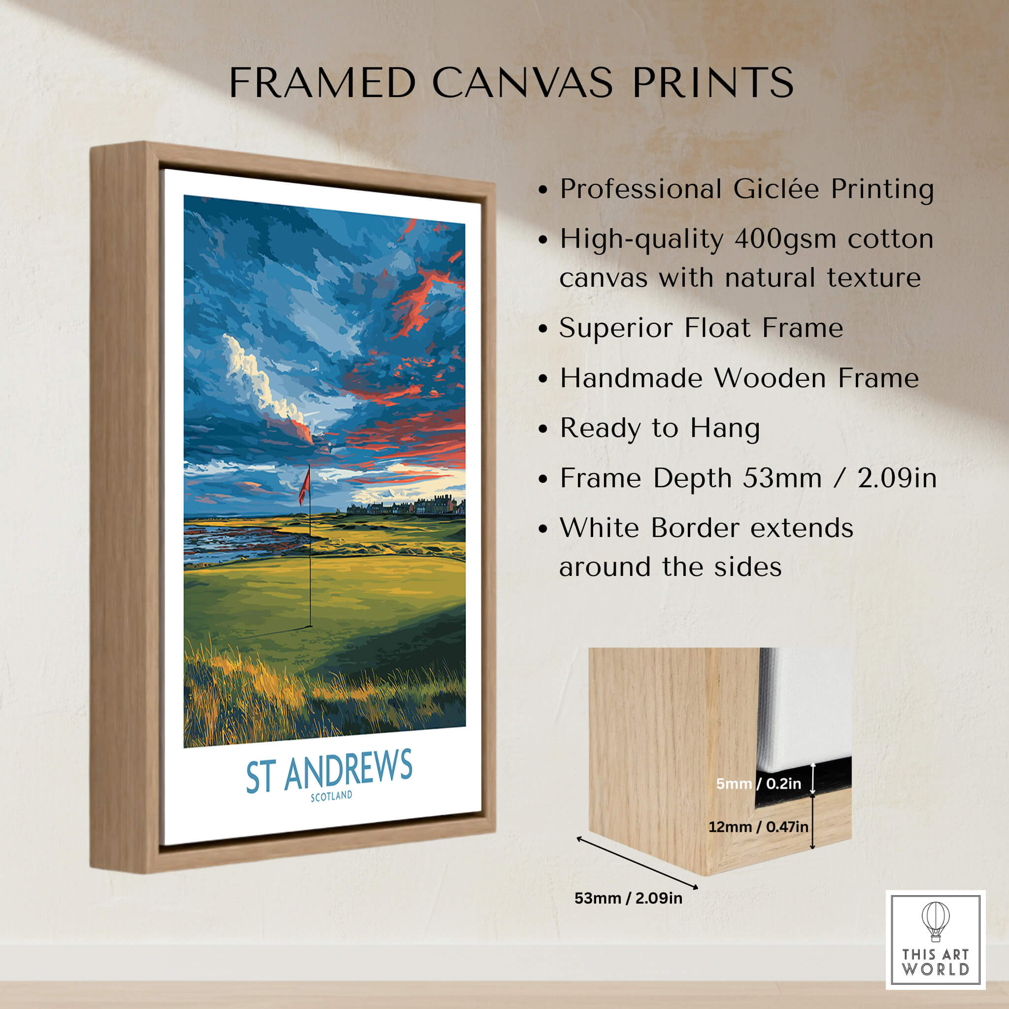 St Andrews Poster Scotland Golf Fairway Wall Art framed canvas print showcasing vibrant golf course scenery