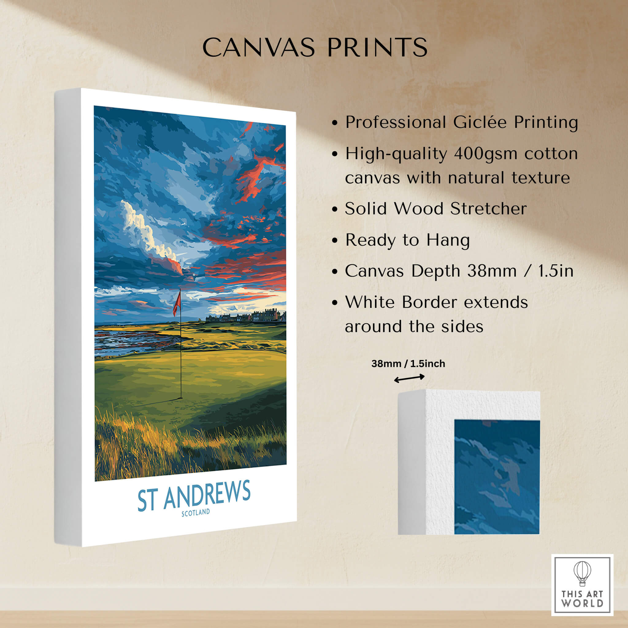 St Andrews Poster Scotland Golf Fairway Wall Art displayed on canvas print with high-quality Giclée printing.