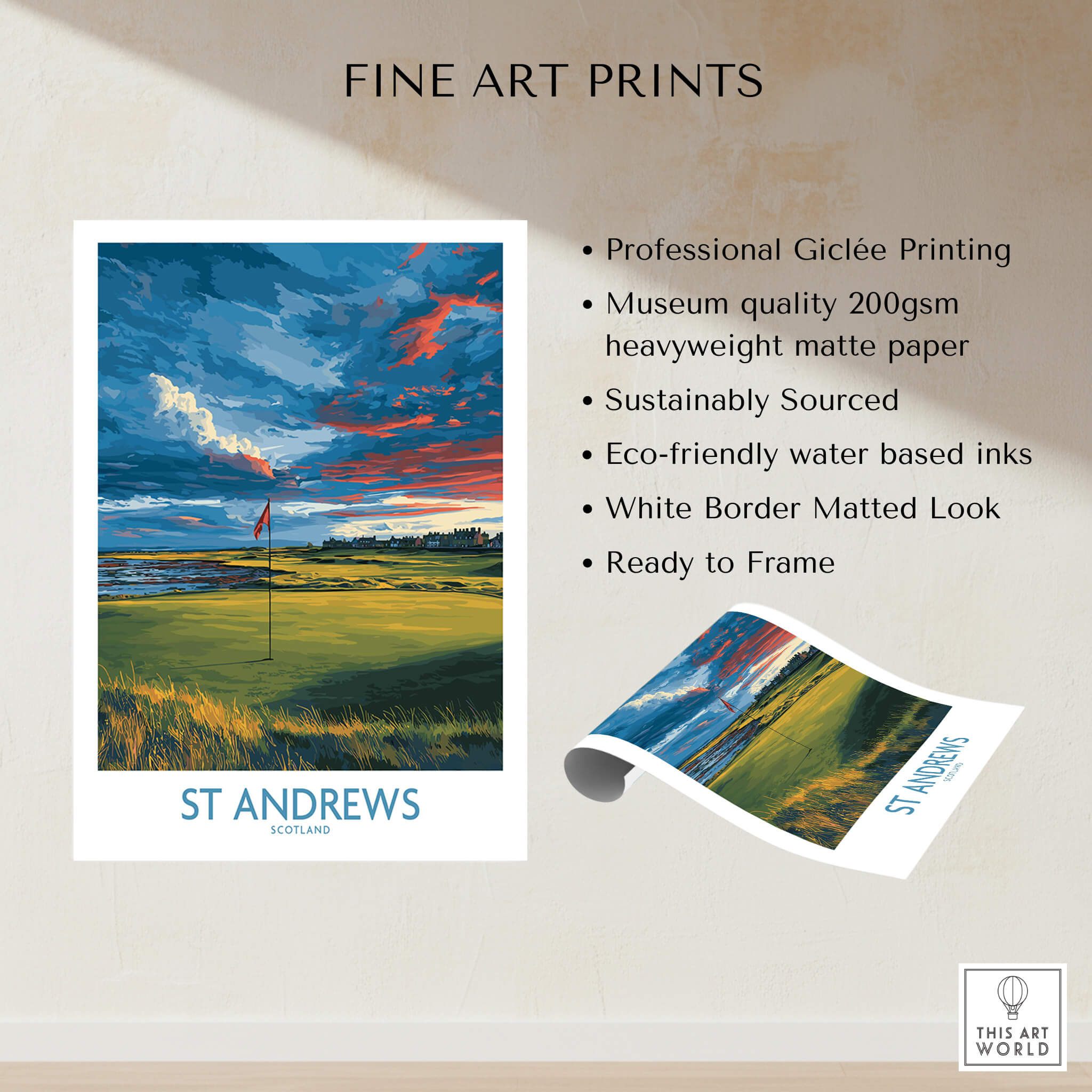 St Andrews Poster Scotland Golf Fairway Wall Art showcasing a golf course with vibrant skies and a red flag