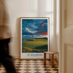 St Andrews Poster Scotland Golf Fairway Wall Art displayed in a stylish room setting with dramatic sunset background.