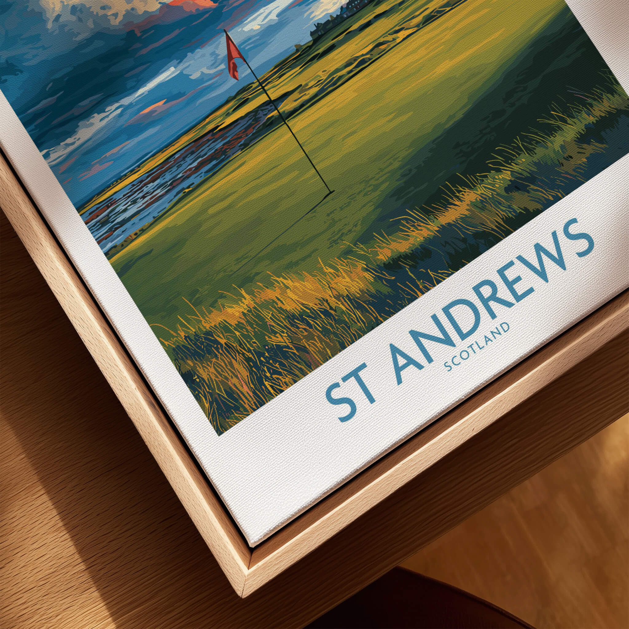 St Andrews Poster Scotland Golf Fairway Wall Art featuring a golf course and flag against a beautiful sky.