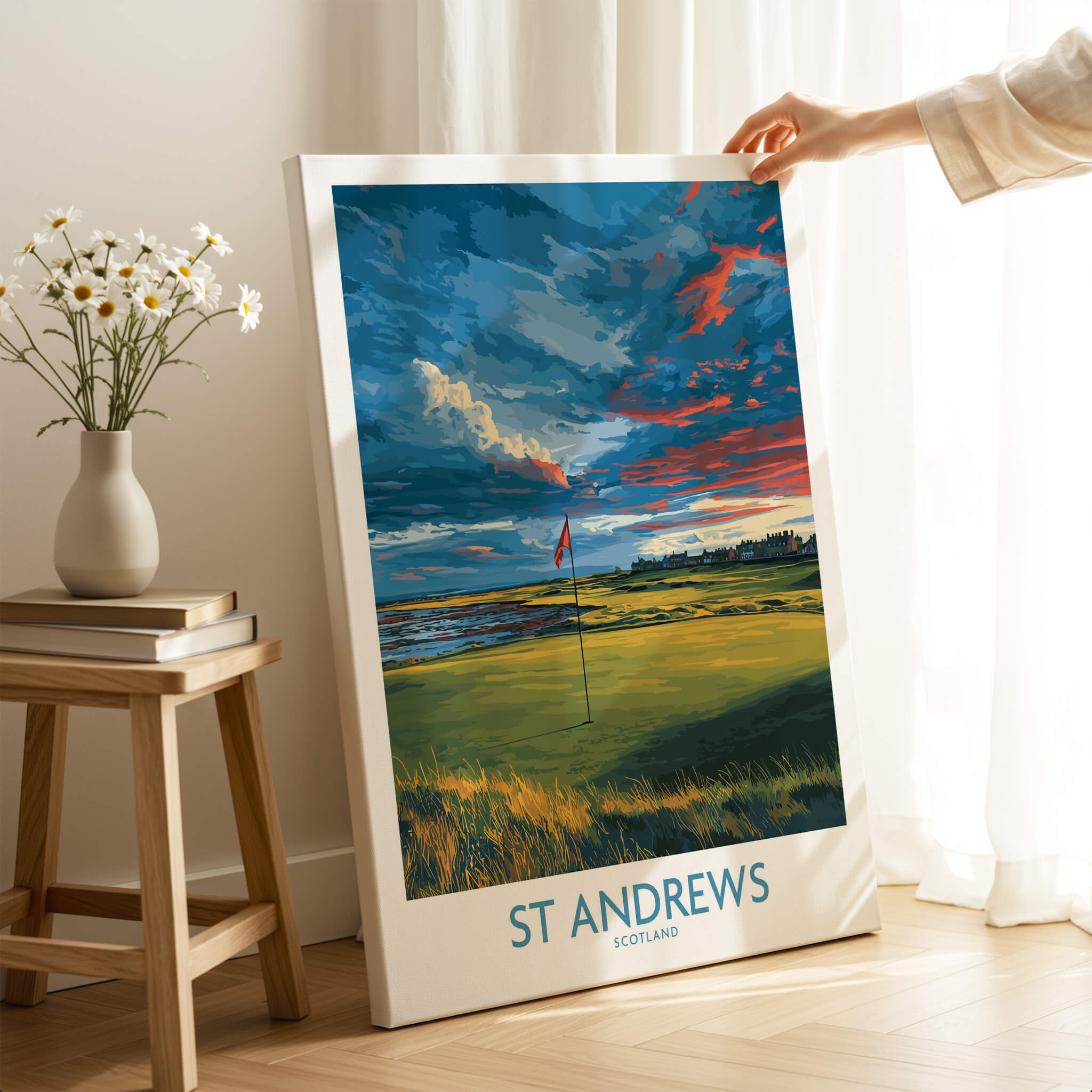 St Andrews Poster Scotland Golf Fairway Wall Art showcasing iconic Scottish golf landscape with vibrant colors.