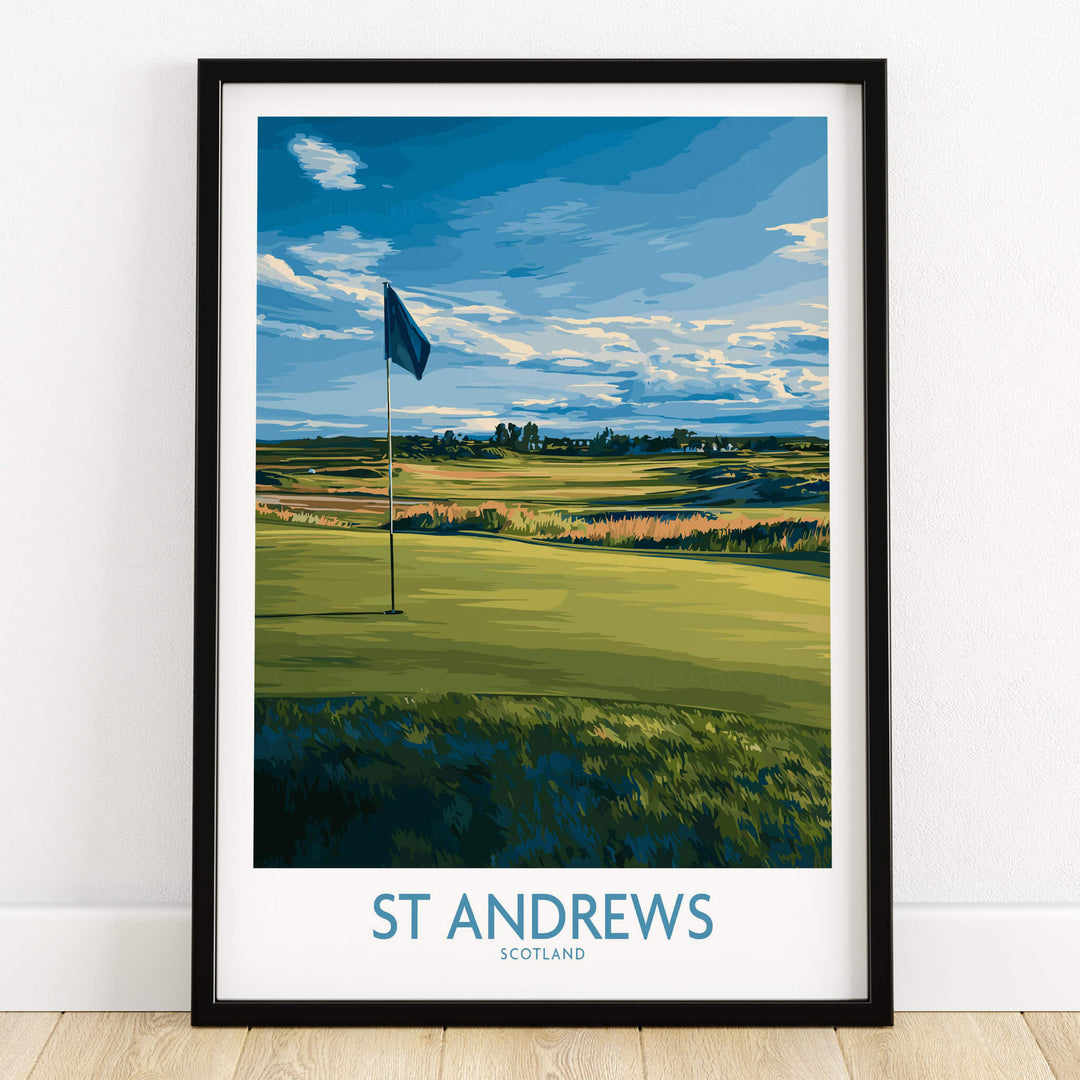 St Andrews Print Scotland - Golf Course Poster showcasing iconic fairways and stunning landscape of St Andrews golf course.