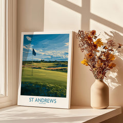 St Andrews Print Scotland - Golf Course Poster showcasing iconic golf course scenery with a flag on the green and scenic landscape.
