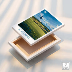 St Andrews Print Scotland - Golf Course Poster displayed in an open box showcasing the iconic golf course scenery.