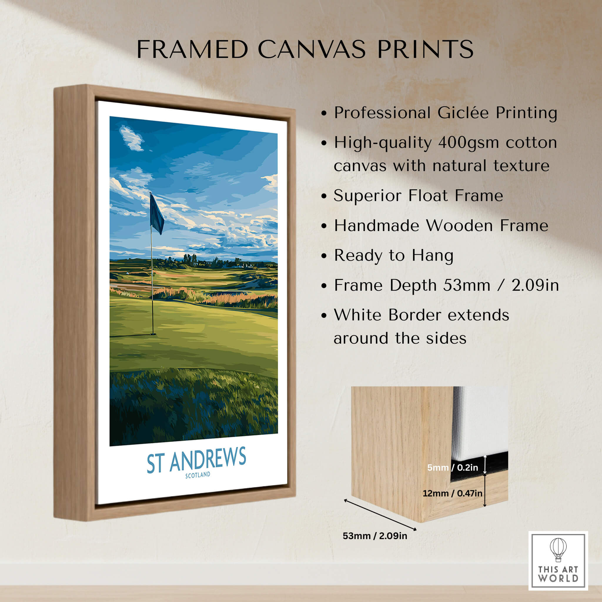 St Andrews Print Scotland - Golf Course Poster framed canvas print showcasing professional giclée quality and natural texture.