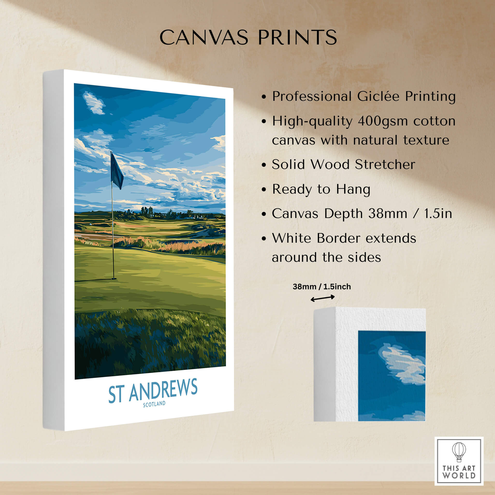St Andrews Print Scotland - Golf Course Poster showcasing professional Giclée printing and vibrant golf course imagery.