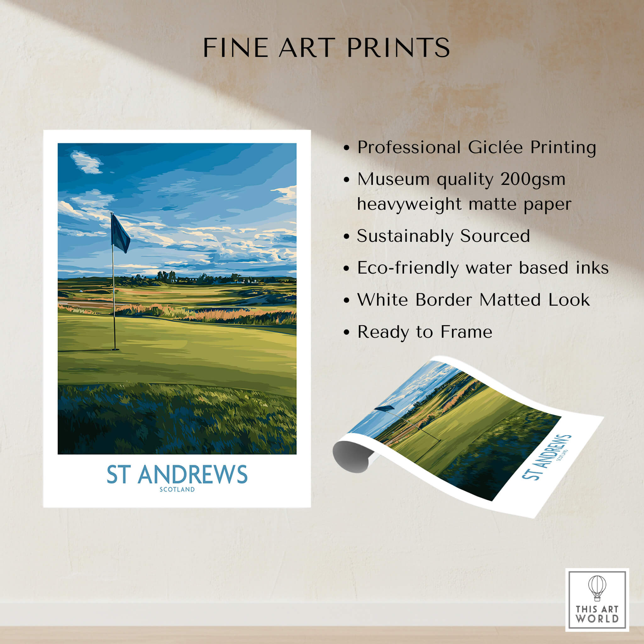 St Andrews Print Scotland - Golf Course Poster showcasing professional Giclée printing and stunning golf landscape.