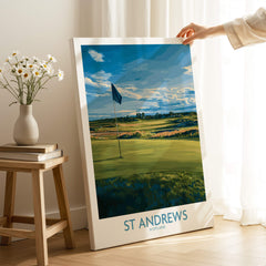 St Andrews Print Scotland - Golf Course Poster featuring a serene golf landscape with a flag in the foreground.