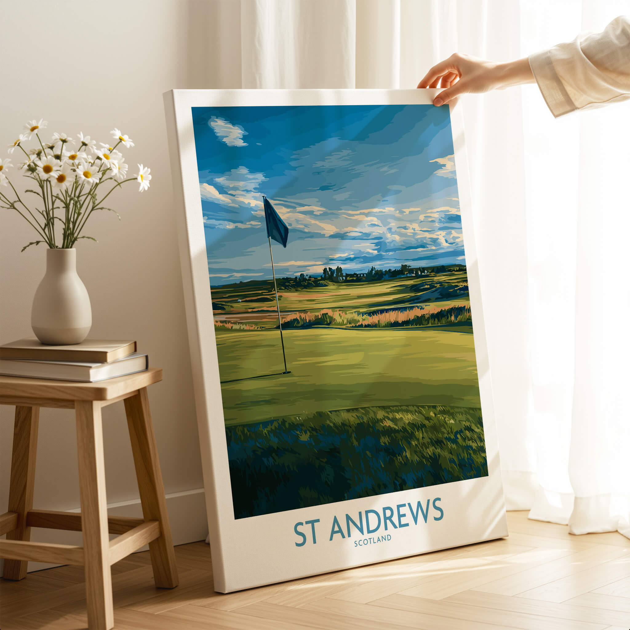 St Andrews Print Scotland - Golf Course Poster featuring a serene golf landscape with a flag in the foreground.