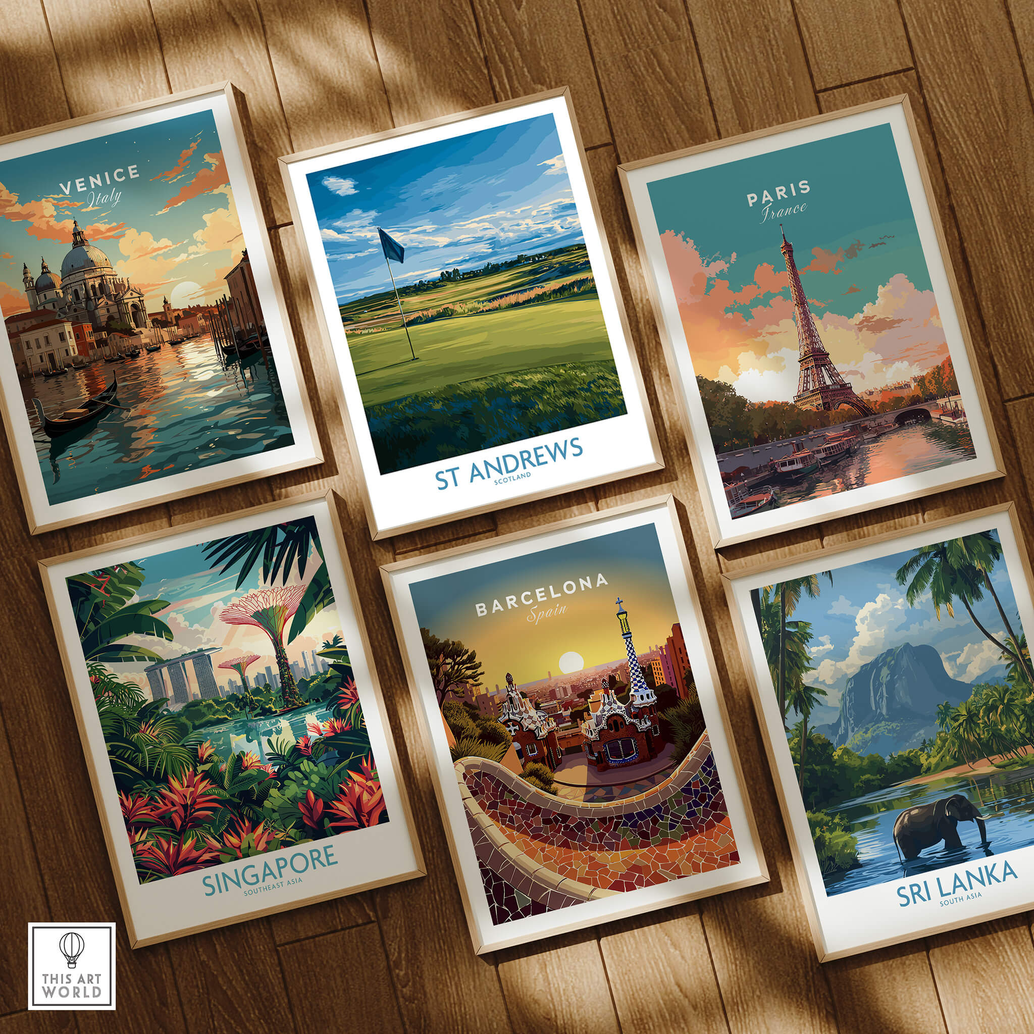 St Andrews Print Scotland - Golf Course Poster alongside travel-themed art prints from Venice, Paris, Singapore, Barcelona, and Sri Lanka