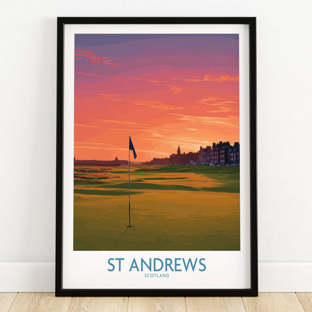 St Andrews Scotland Historic Golf Course Wall Art - Scotland Poster Print featuring a sunset over the iconic golf course.