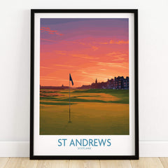 St Andrews Scotland Historic Golf Course Wall Art - Scotland Poster Print featuring a sunset over the iconic golf course.