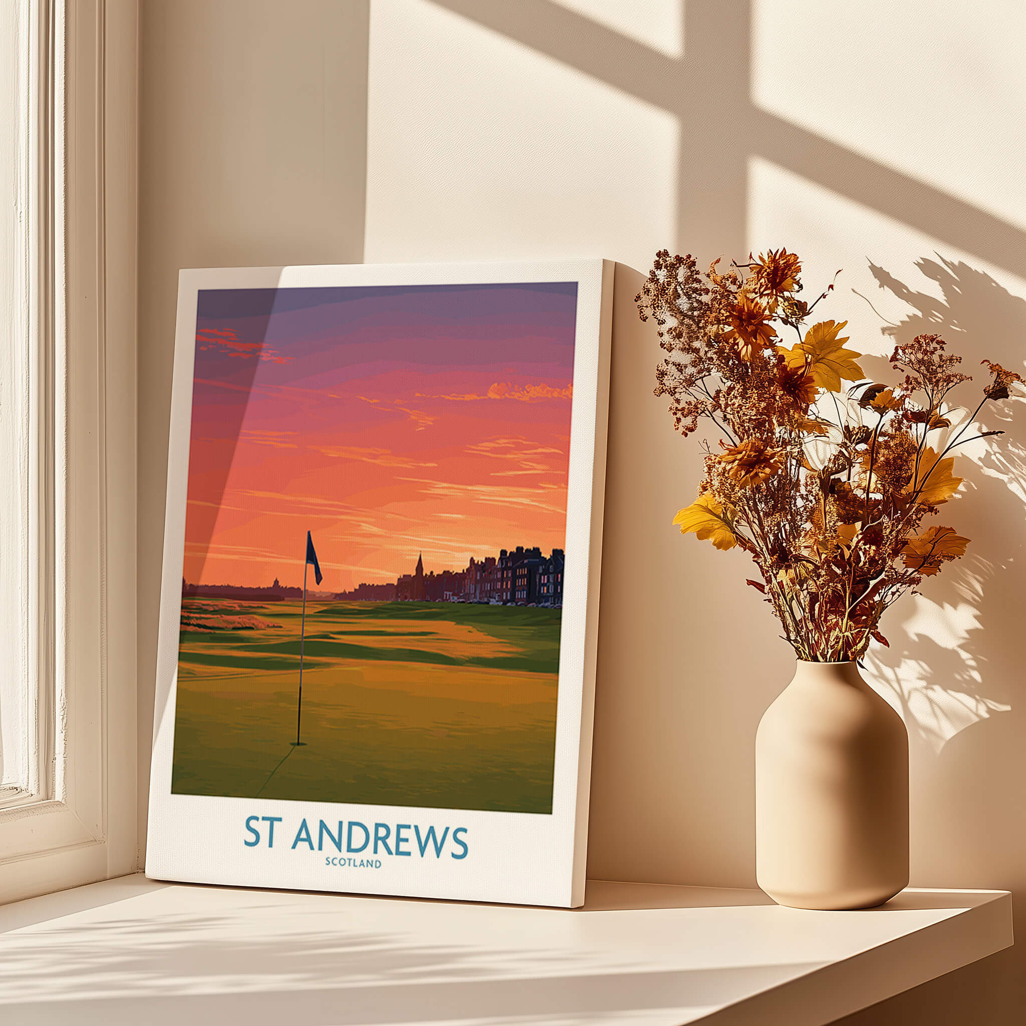 St Andrews Scotland Historic Golf Course Wall Art - Scotland Poster Print featuring a sunset over the golf course.