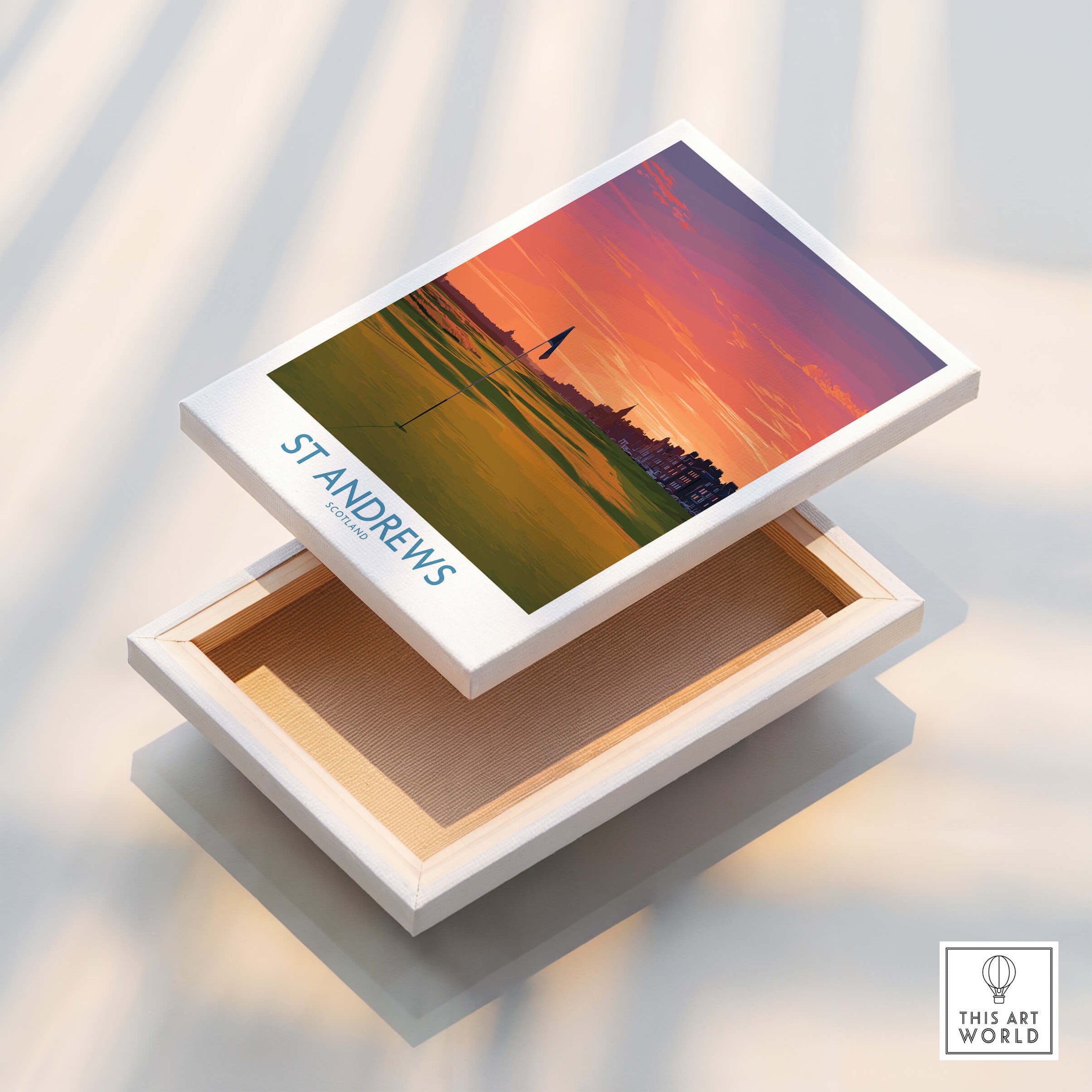 St Andrews Scotland Historic Golf Course Wall Art - Scotland Poster Print displayed on a box with scenic sunset view.