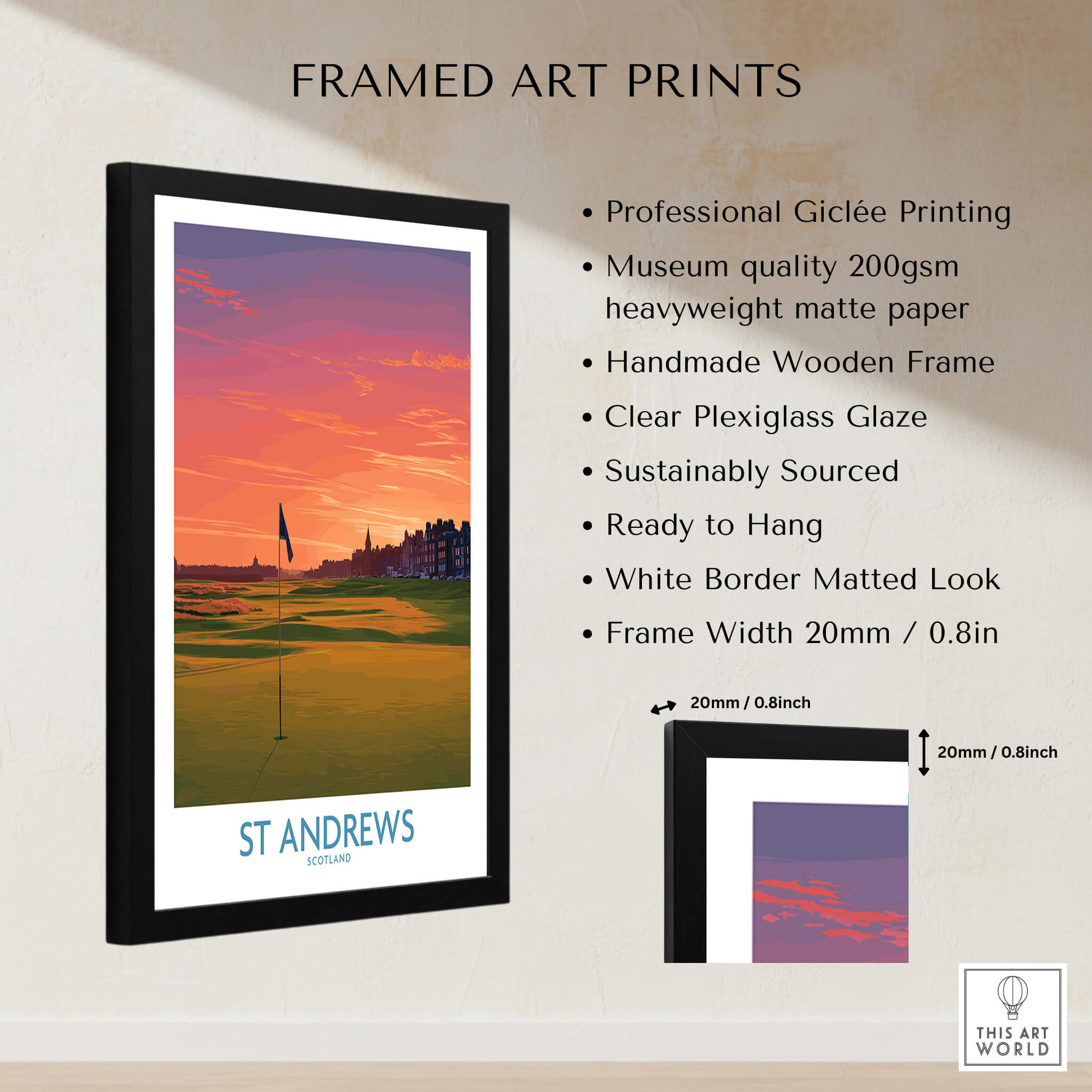 St Andrews Scotland Historic Golf Course Wall Art - Scotland Poster Print featuring a framed print with a golf course scene.