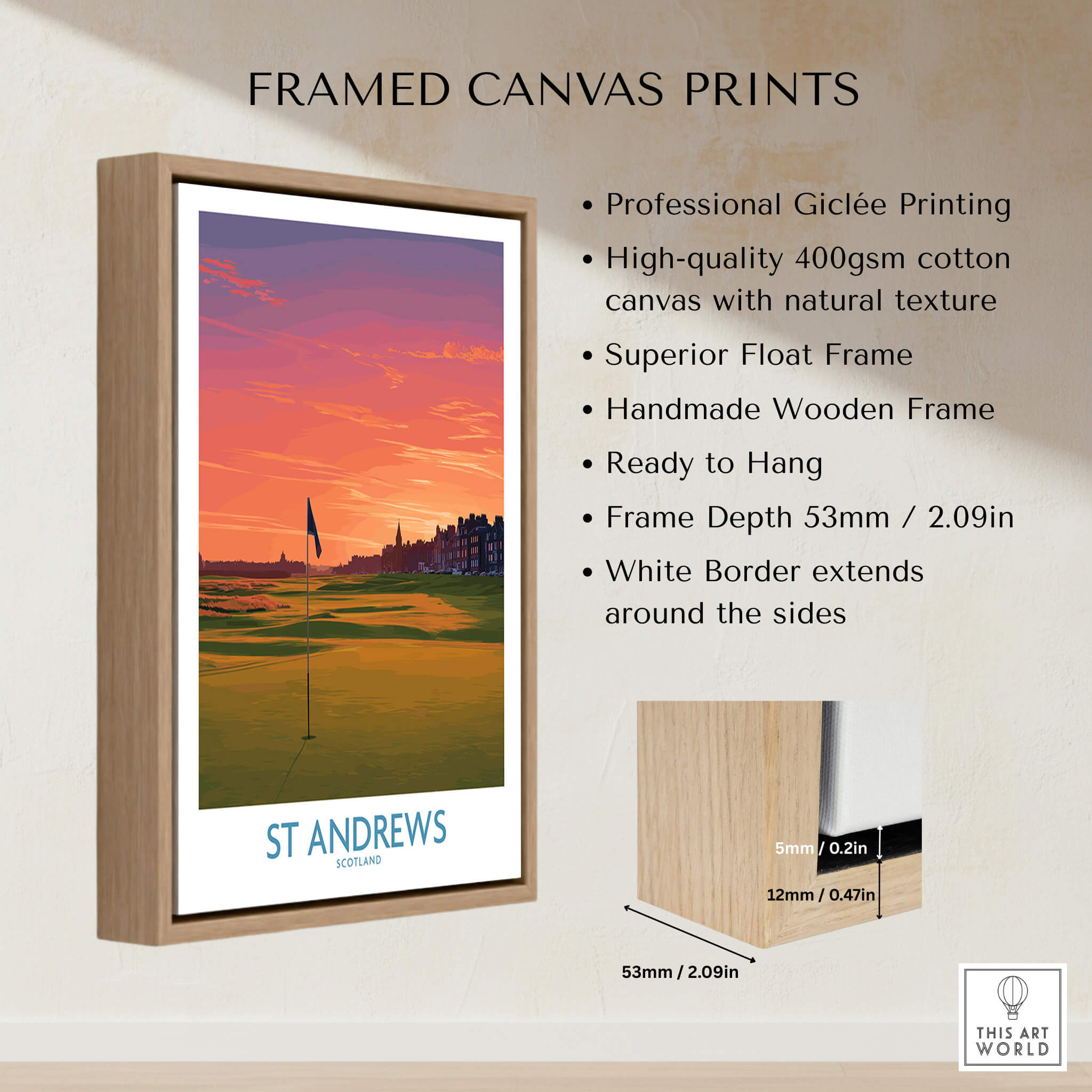 St Andrews Scotland Historic Golf Course Wall Art - Scotland Poster Print framed canvas print showcasing vibrant golf scenery