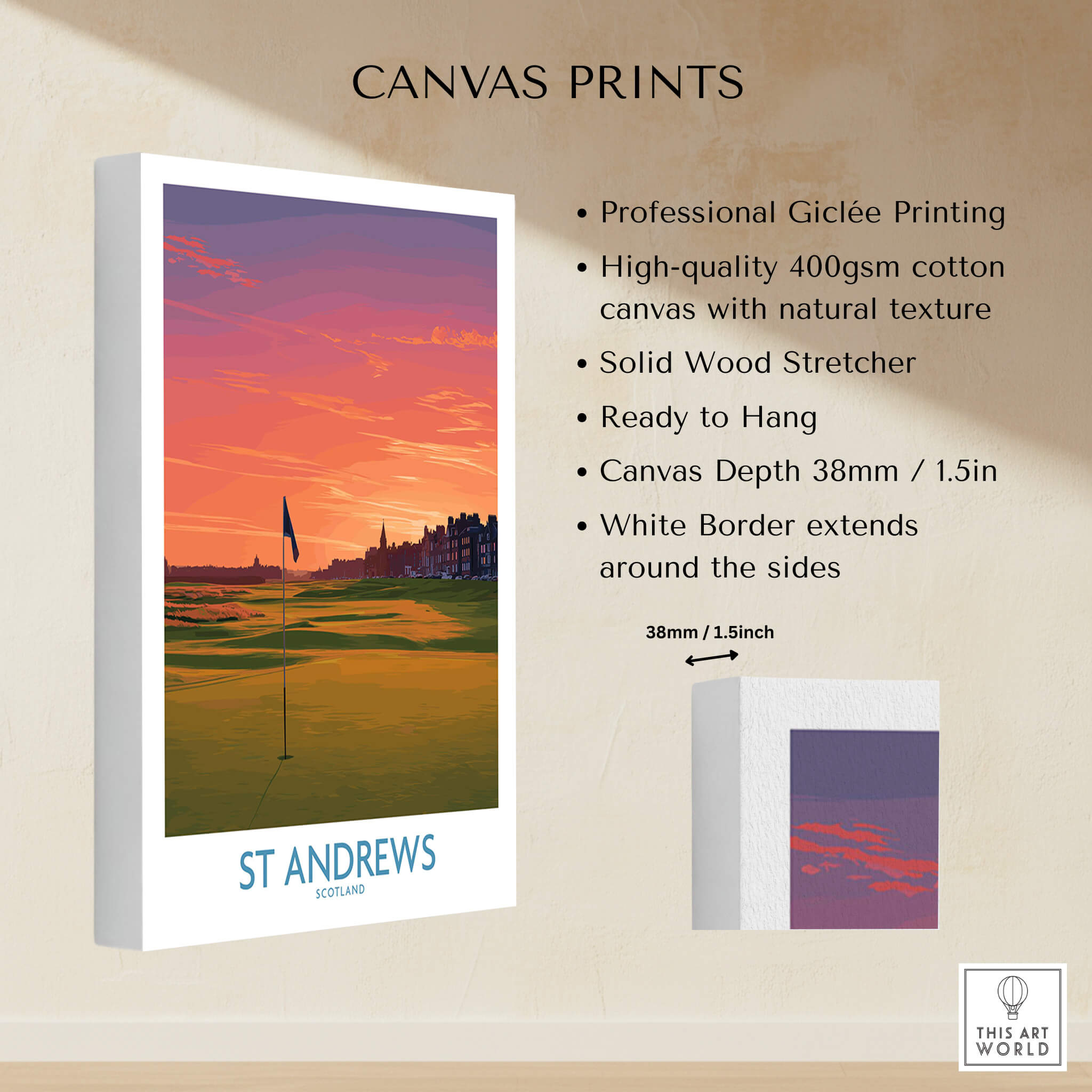 St Andrews Scotland Historic Golf Course Wall Art - Scotland Poster Print displayed with professional Giclée printing on canvas.
