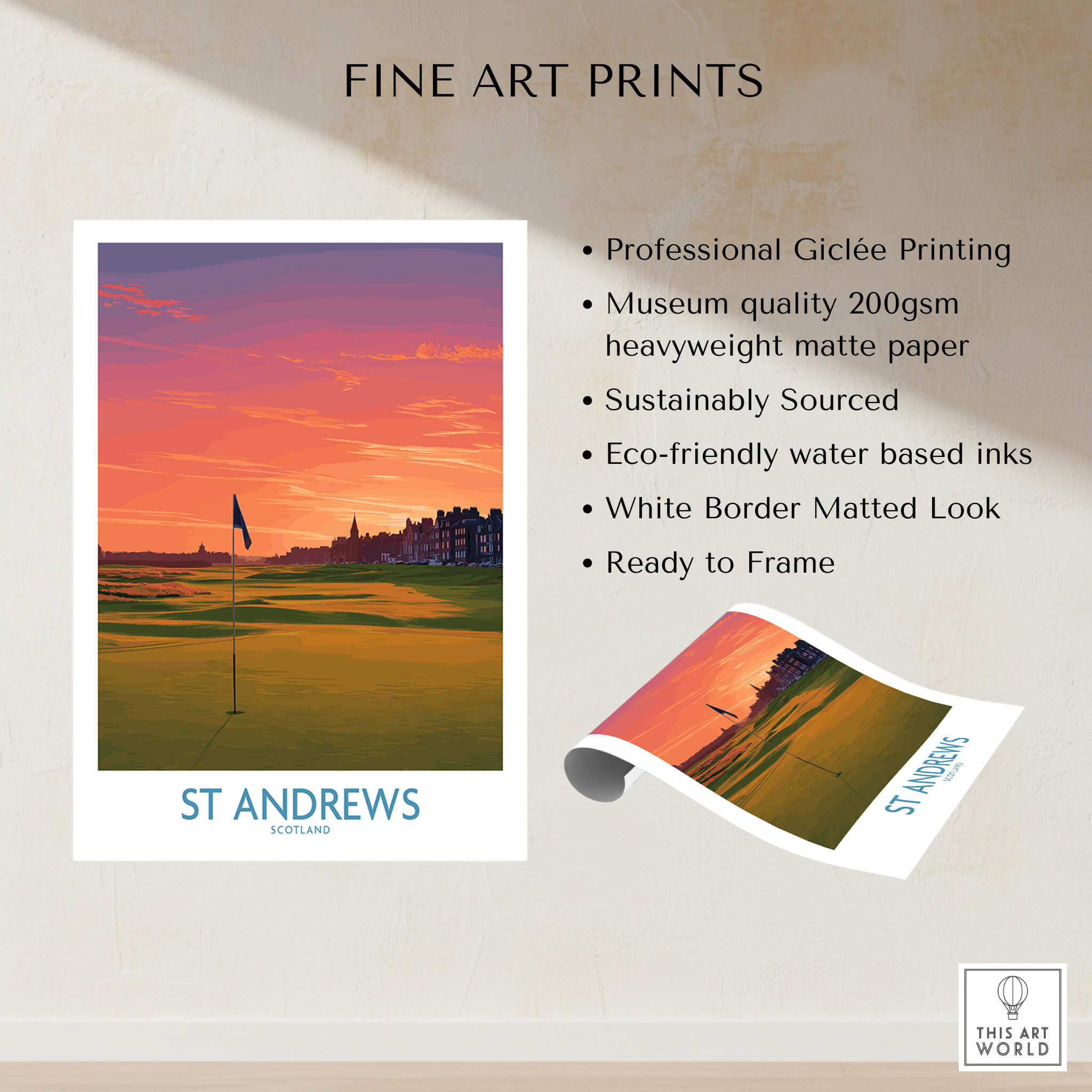 St Andrews Scotland Historic Golf Course Wall Art - Scotland Poster Print featuring fine art print details and vibrant sunset colors.