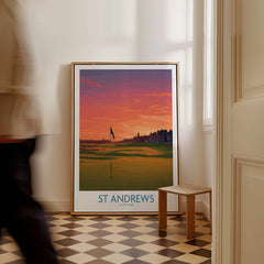 St Andrews Scotland Historic Golf Course Wall Art - Scotland Poster Print showcasing vibrant sunset over golf course.