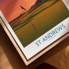 St Andrews Scotland Historic Golf Course Wall Art - Scotland Poster Print featuring a golf flag at sunset.