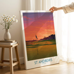 St Andrews Scotland Historic Golf Course Wall Art - Scotland Poster Print showcasing iconic golf course at sunset.