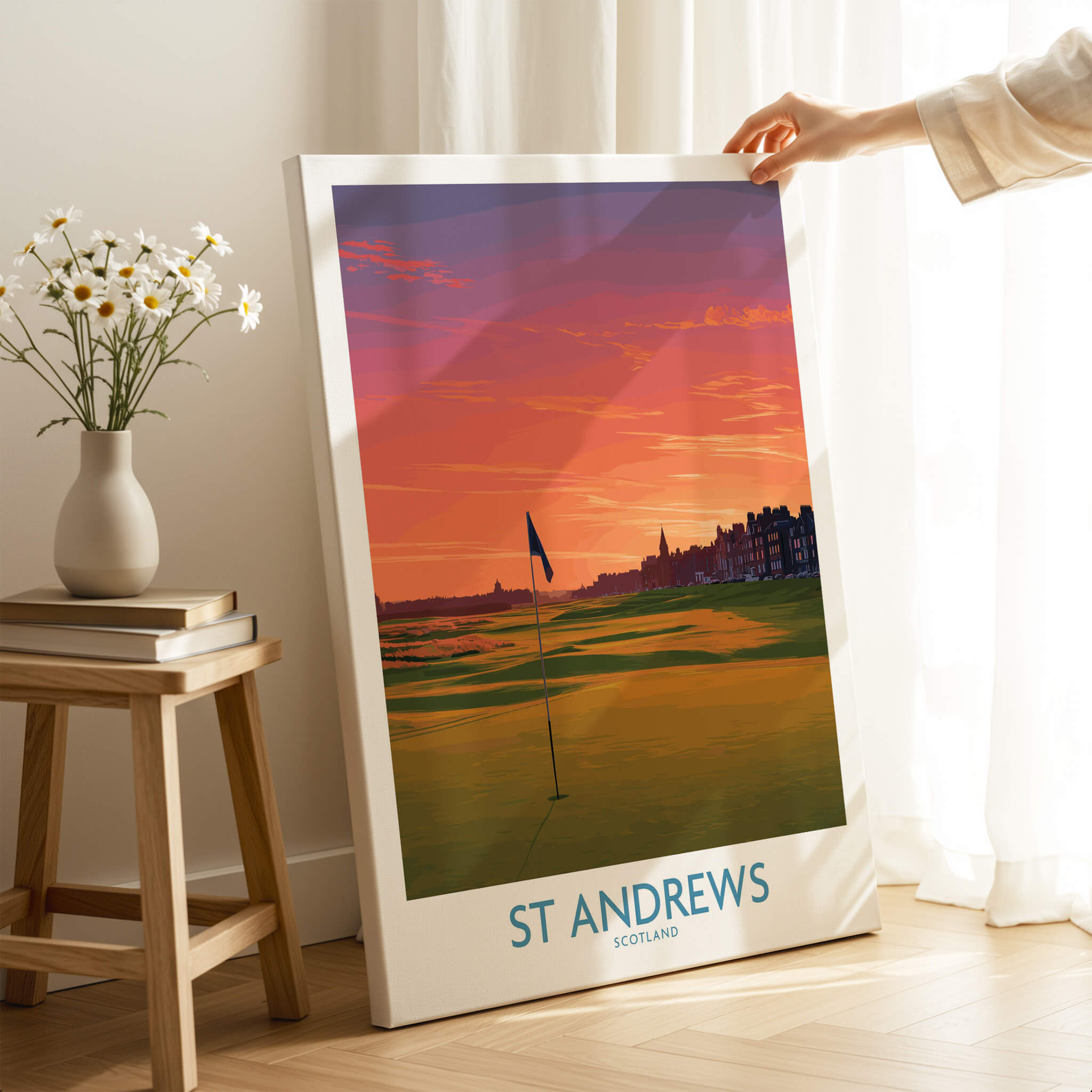 St Andrews Scotland Historic Golf Course Wall Art - Scotland Poster Print showcasing iconic golf course at sunset.