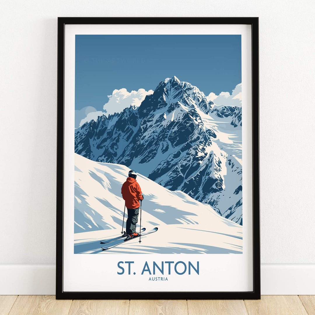 St. Anton Ski Poster featuring a skier against a backdrop of breathtaking mountains and blue skies.