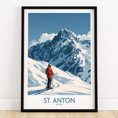 St. Anton Ski Poster featuring a skier against a backdrop of breathtaking mountains and blue skies.