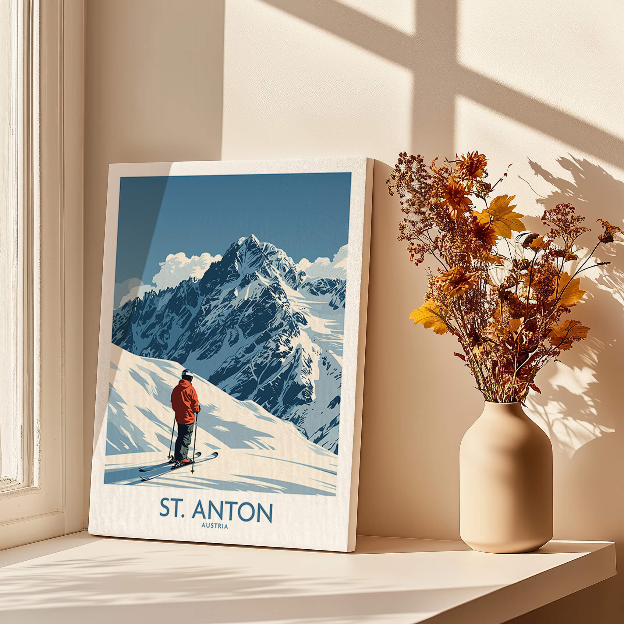 St. Anton Ski Poster showcasing a skier against snowy mountains, perfect for ski lovers and home decor.