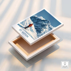 St. Anton Ski Poster depicting a skier on snowy slopes with mountains, perfect for ski lovers and home decor.
