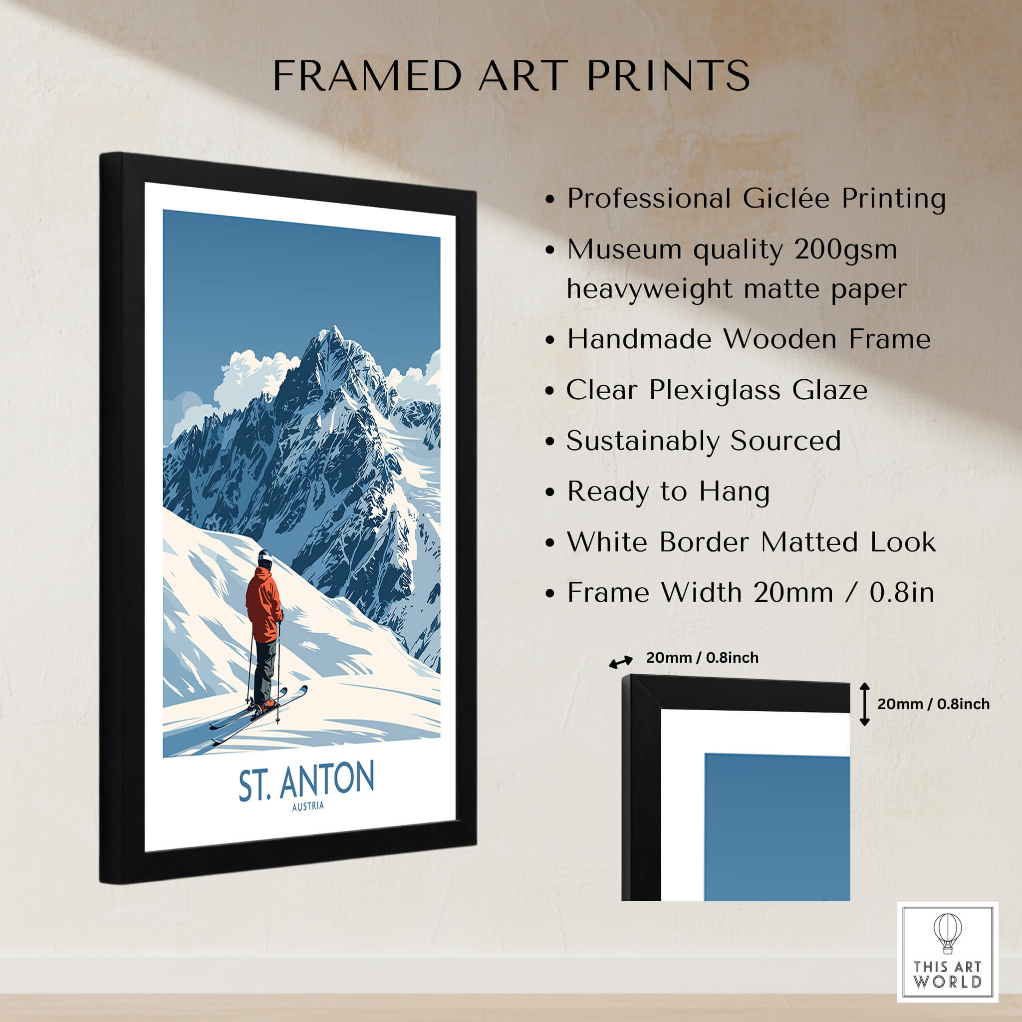 St. Anton Ski Poster showcasing framed art prints with professional giclée printing and clear plexiglass glaze.