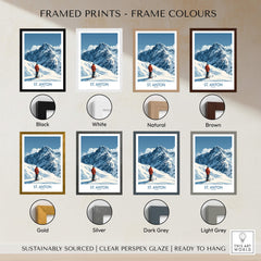 St. Anton Ski Poster framed print options in various colors including black, white, natural, and brown.