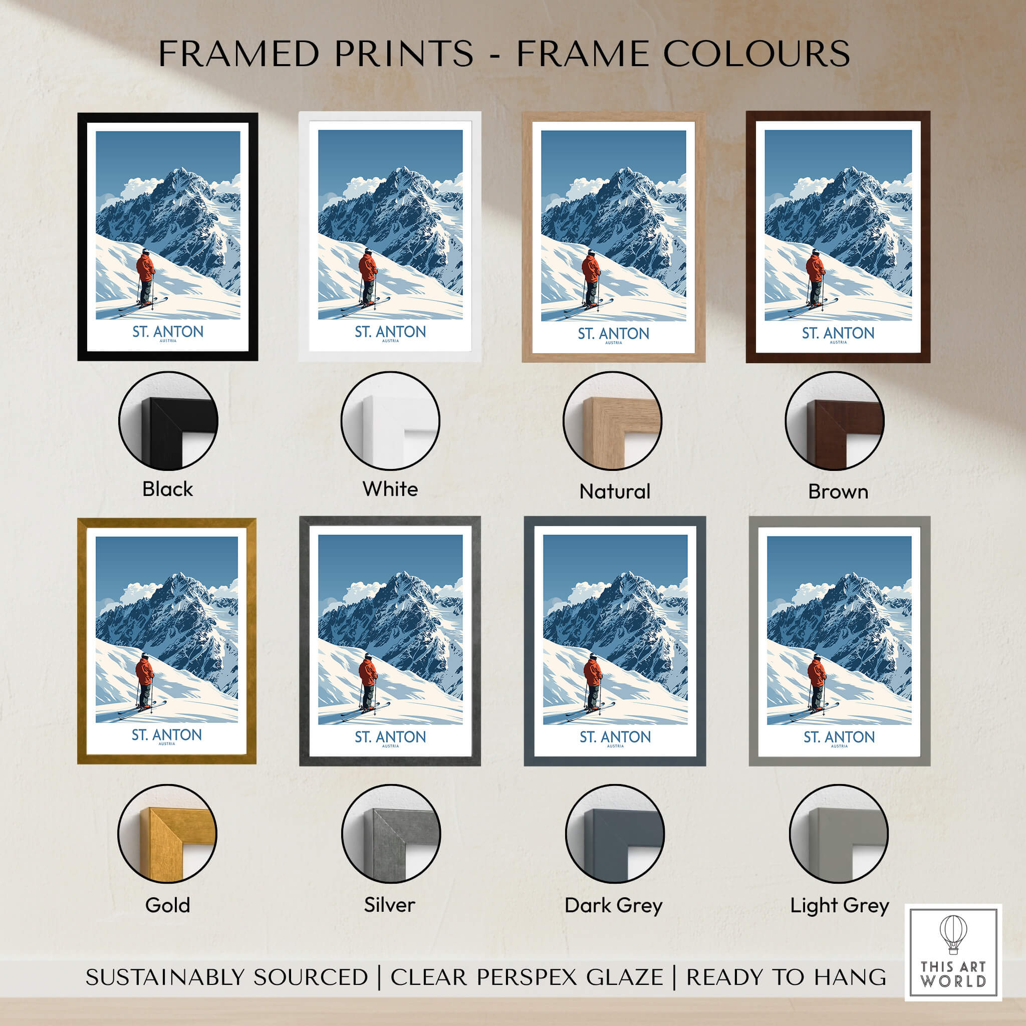 St. Anton Ski Poster framed print options in various colors including black, white, natural, and brown.