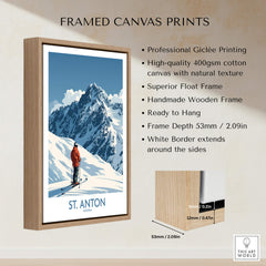 St. Anton Ski Poster showcasing professional Giclée printing and a stunning mountain scene in a framed canvas format.