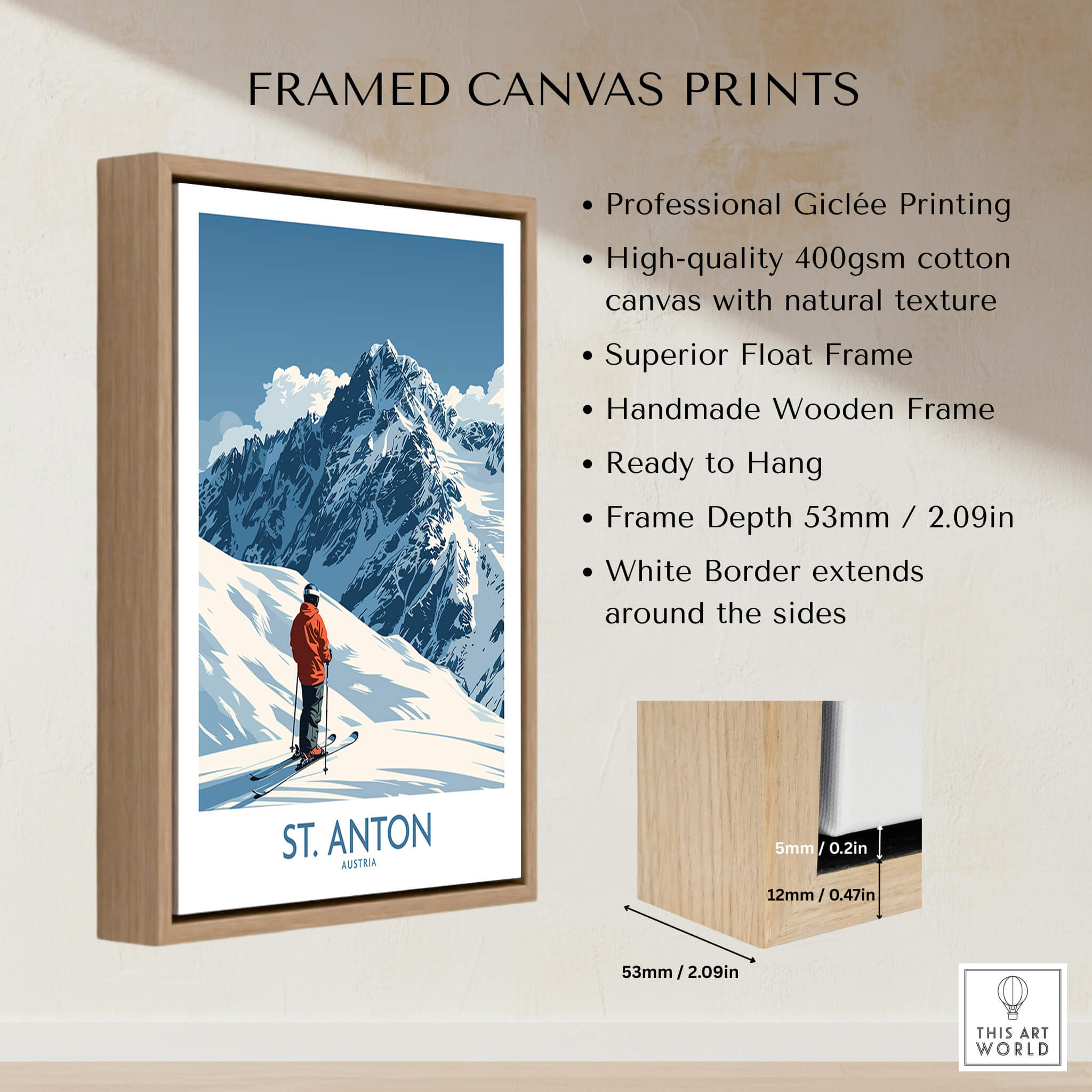 St. Anton Ski Poster showcasing professional Giclée printing and a stunning mountain scene in a framed canvas format.