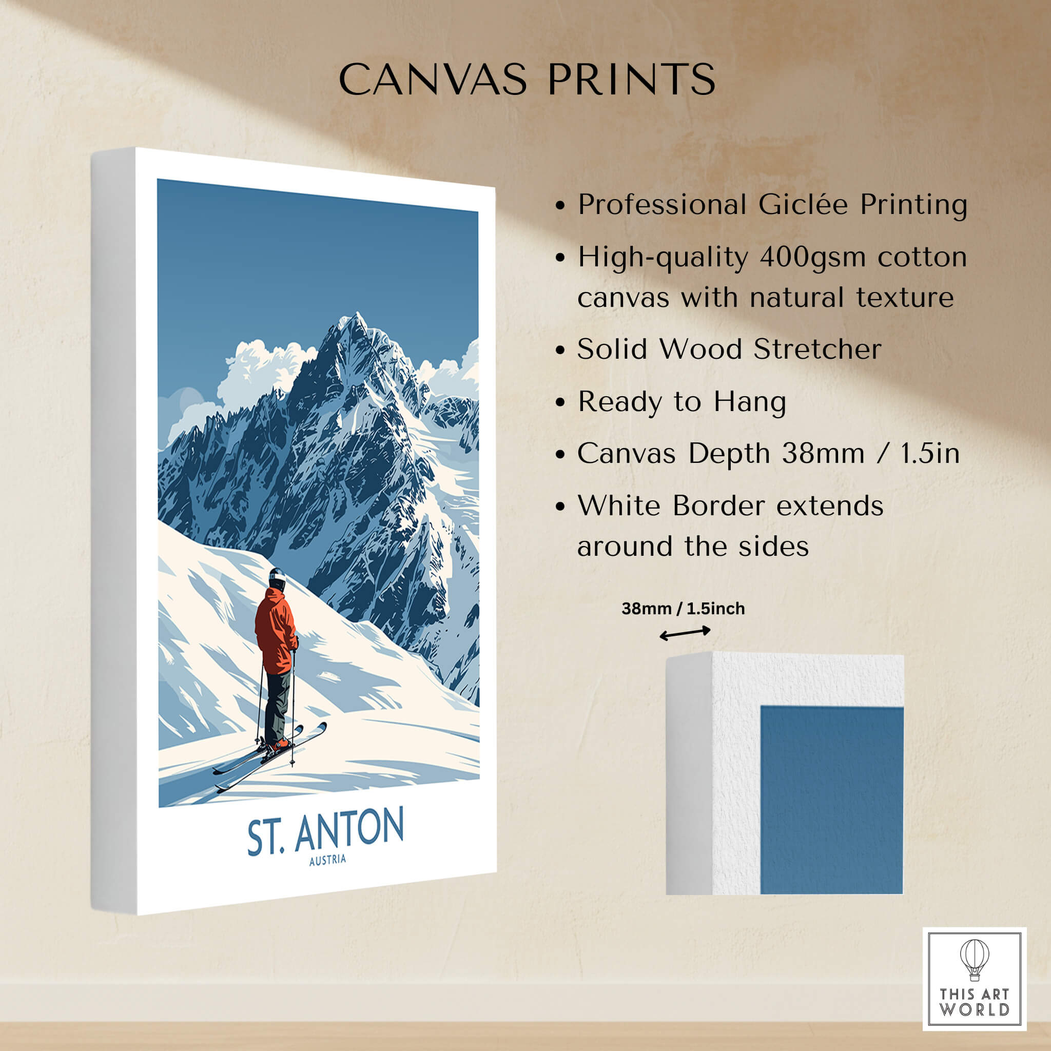 St. Anton Ski Poster featuring professional Giclée printing on high-quality canvas with natural texture.