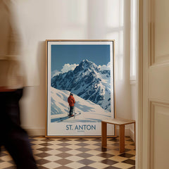 St. Anton Ski Poster showcasing a skier against majestic mountains in a stylish interior setting.