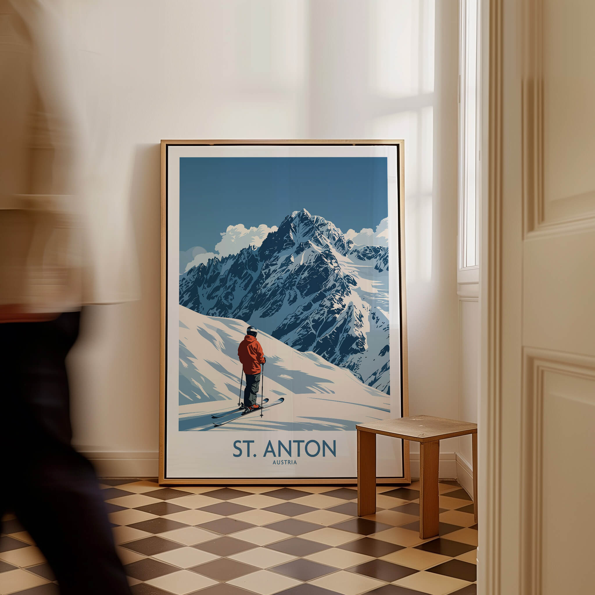St. Anton Ski Poster showcasing a skier against majestic mountains in a stylish interior setting.