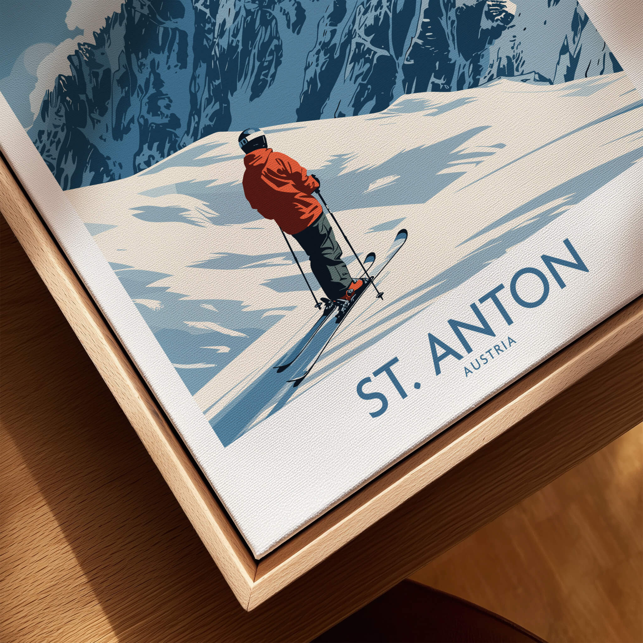 St. Anton Ski Poster showcasing a skier on the slopes with mountains in the background, perfect for ski wall art.