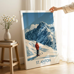 St. Anton Ski Poster showcasing a skier on the slopes with stunning mountain scenery, perfect for ski enthusiasts.