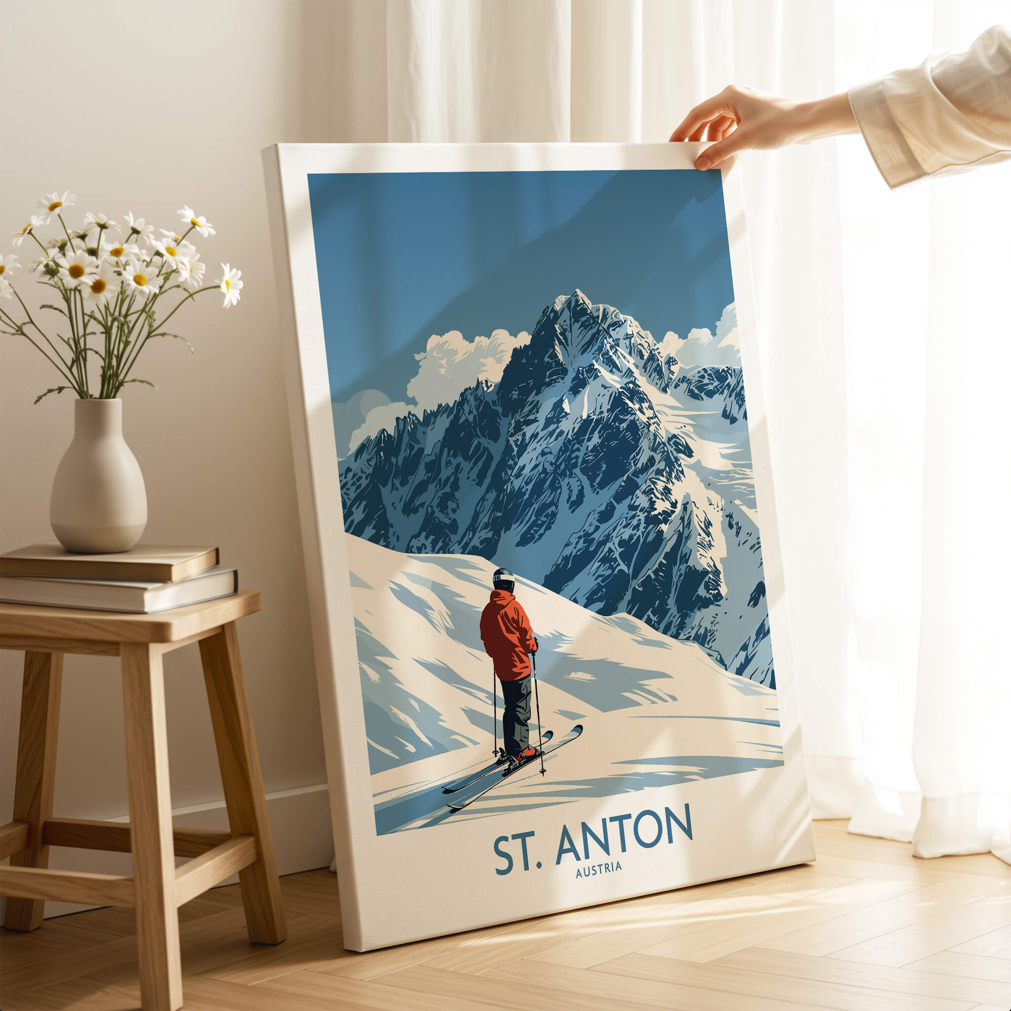 St. Anton Ski Poster showcasing a skier on the slopes with stunning mountain scenery, perfect for ski enthusiasts.