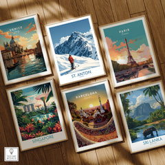 St. Anton Ski Poster and travel artwork featuring Venice, Paris, Singapore, Barcelona, and Sri Lanka.