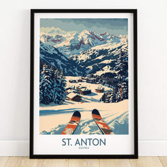 St. Anton Wall Art Ski Poster featuring stunning mountain scenery and ski equipment for home decor.