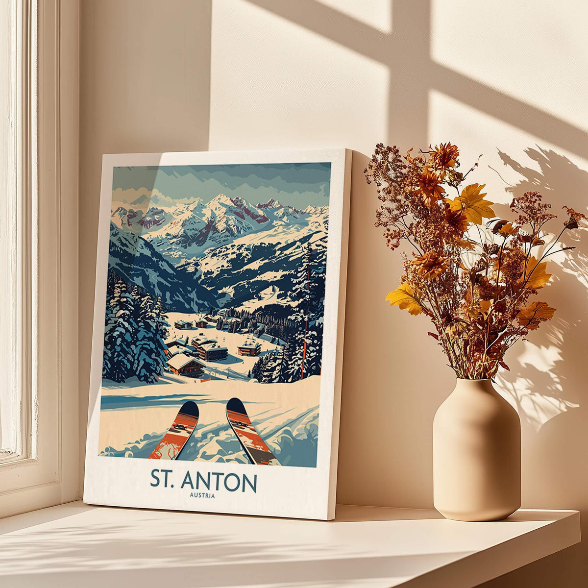 St. Anton Wall Art Ski Poster showcasing a snowy mountain landscape and ski equipment decor.