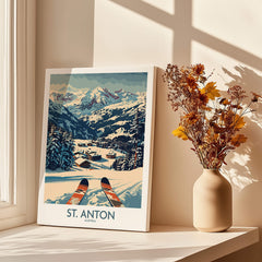 St. Anton Wall Art Ski Poster showcasing a snowy mountain landscape and ski equipment decor.