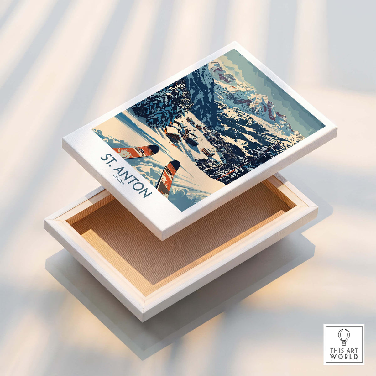 St. Anton Wall Art Ski Poster showcasing a snowy mountain scene with skiers, perfect for ski enthusiasts.