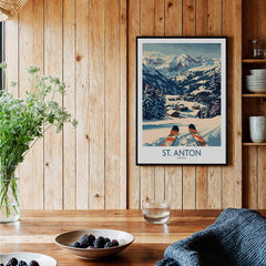 St. Anton Wall Art Ski Poster displayed in a cozy room with wood decor, showcasing the mountainous ski landscape.
