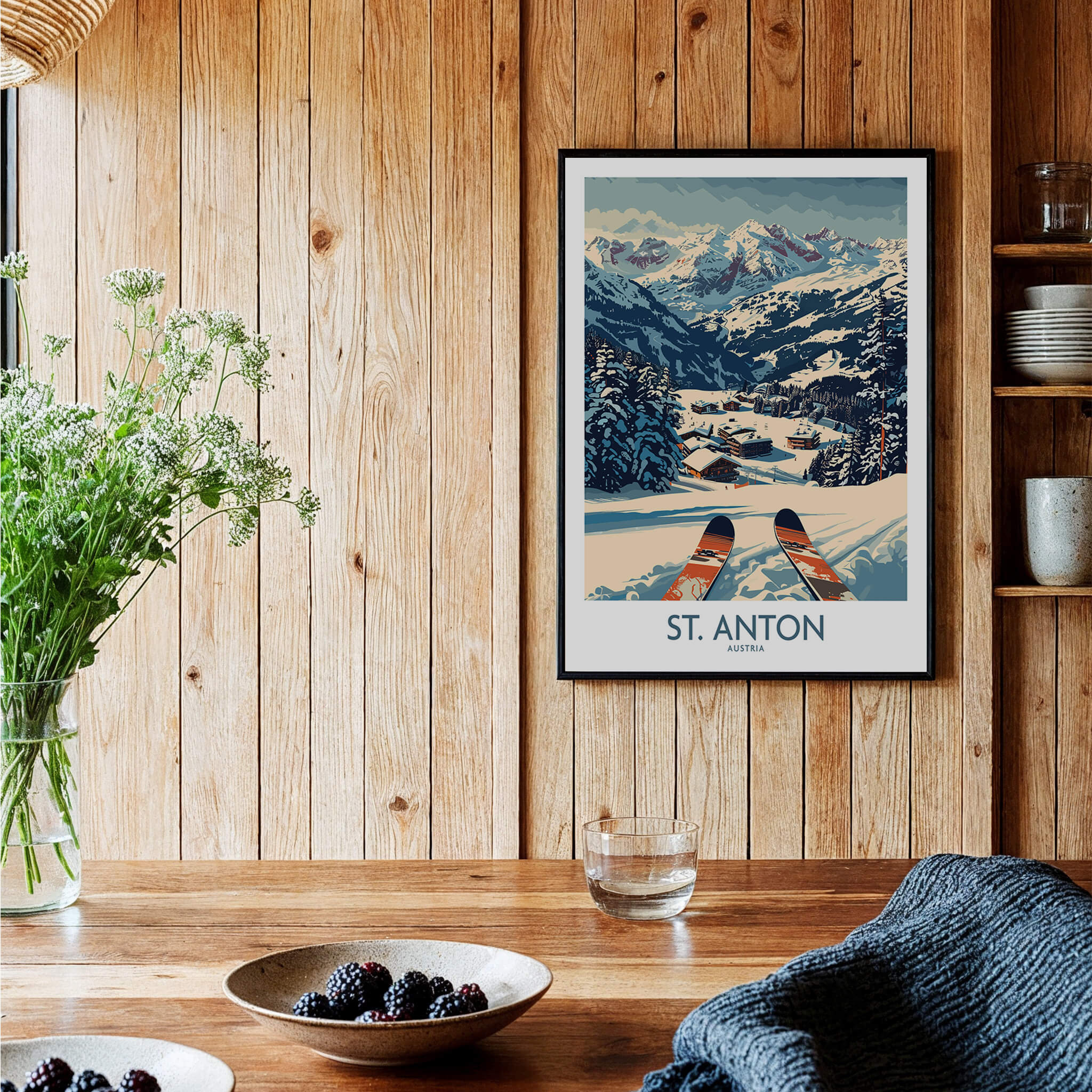 St. Anton Wall Art Ski Poster displayed in a cozy room with wood decor, showcasing the mountainous ski landscape.