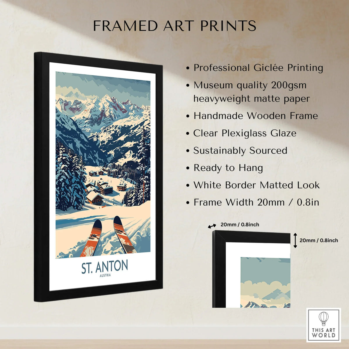 St. Anton Wall Art Ski Poster framed print showcasing snowy mountains and ski resort.